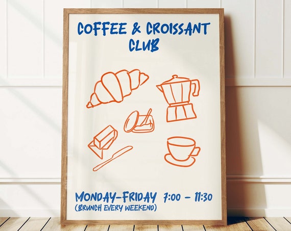 Coffee And Croissant Club Retro Food Print Breakfast Print French Croissant Poster Mid Century Modern Print Kitchen Art Typography Art