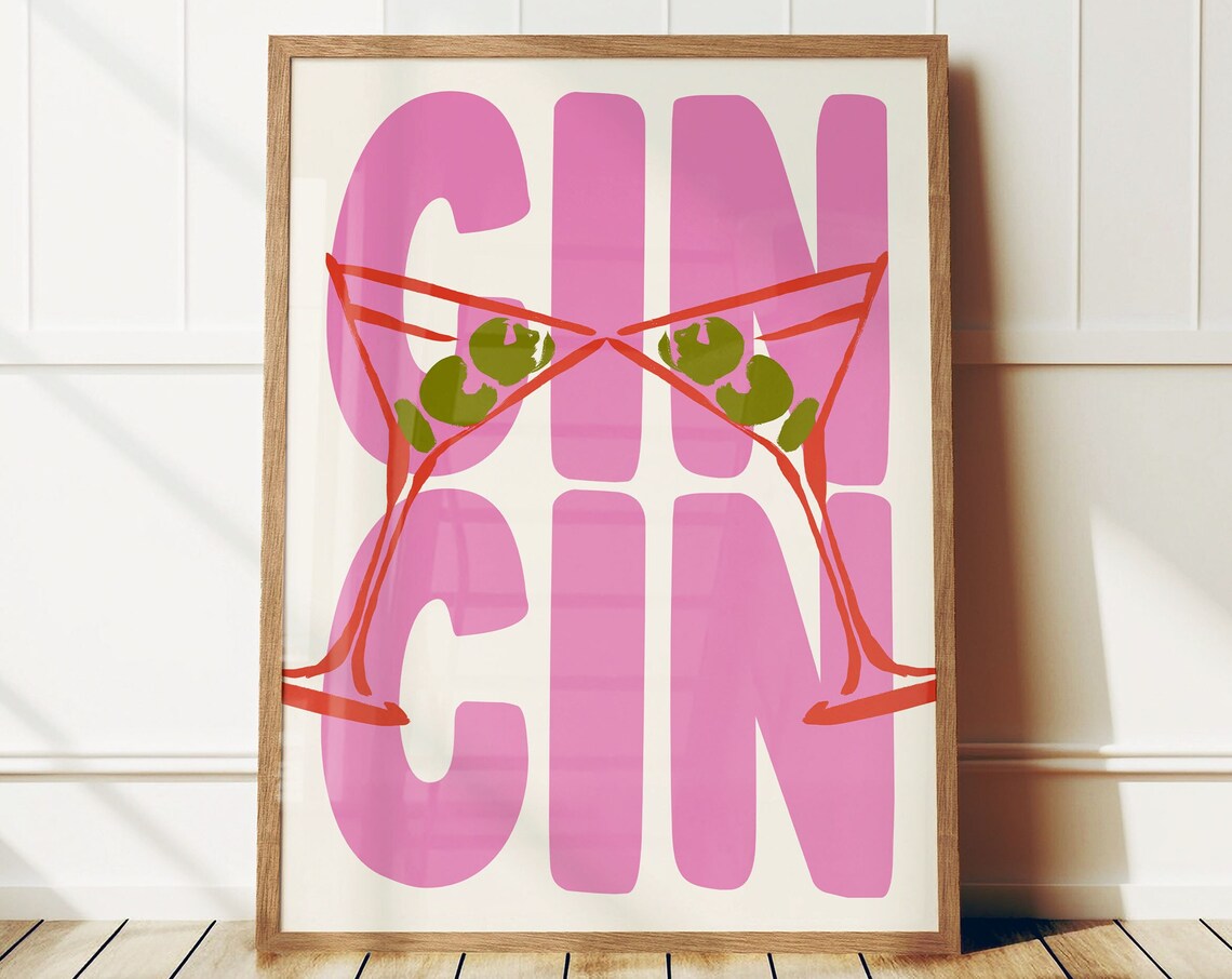 Cin Cin Martini Cheers Cocktail Poster, Retro Maximalist