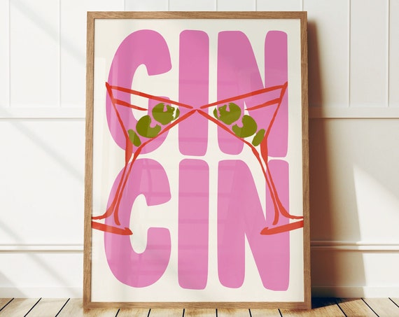 Cin Cin Martini Cheers Cocktail Poster, Retro Maximalist