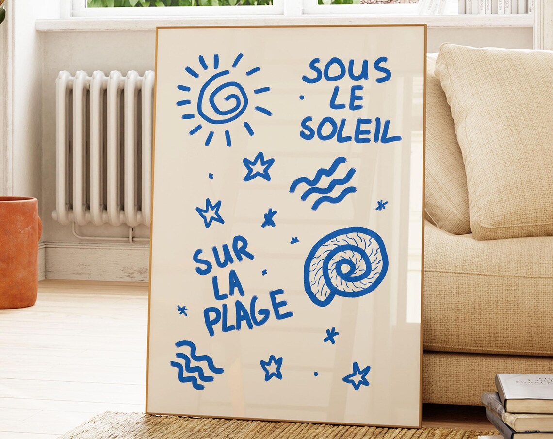 Sous Le Soleil Sur La Plage Blue French Summer Doodle Poster