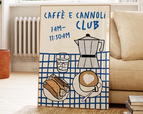 Coffee And Cannoli Club Retro Food Print Italian Breakfast Print Trendy Food Art Print Mid Century Modern Print Retro Kitchen Art