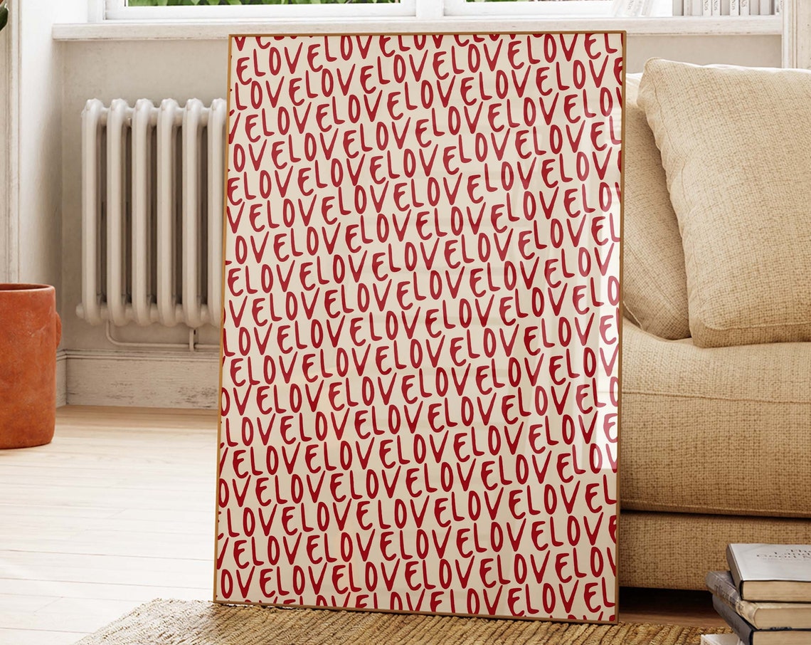 Red Love Repeat Pattern Handwritten Typography Valentine Wall Art