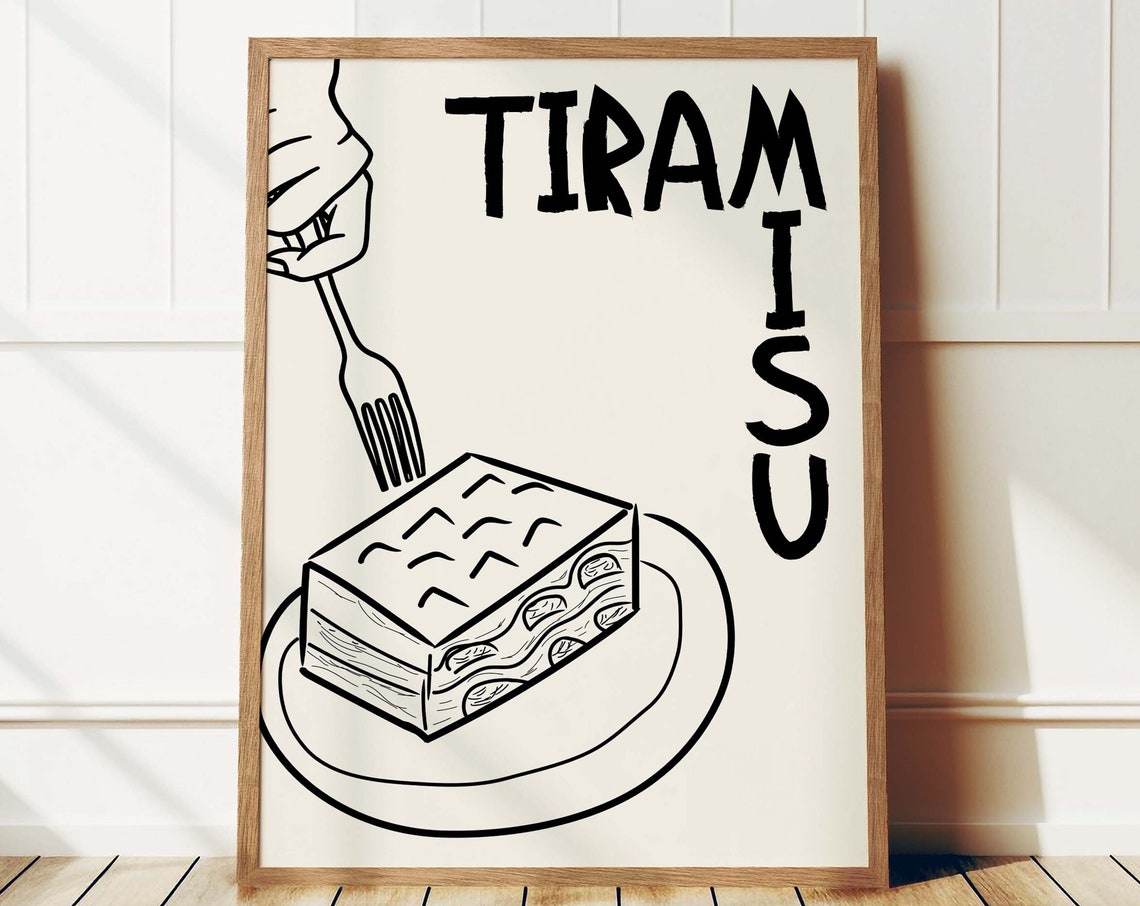 Tiramisu Italian Dessert Fork Slice Illustration Kitchen Poster