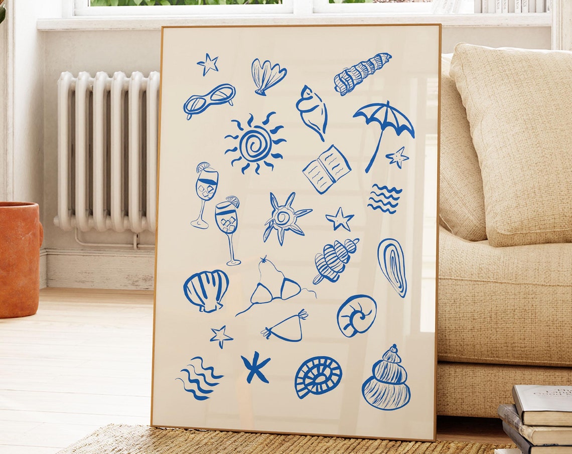 Cobalt Blue Coastal Icons Hand Drawn Summer Doodle Pattern Poster