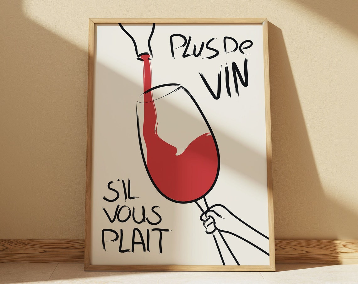 Plus De Vin French Red Wine Glass Funny Retro Bar Decor Poster