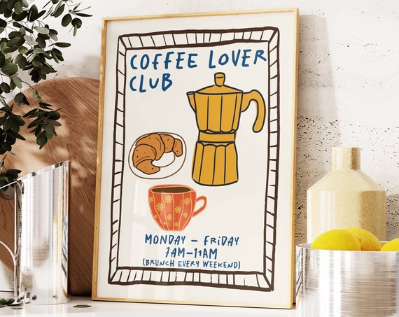 Coffee Lover Club Print Retro Breakfast Print Maximalist Kitchen Print French Croissant Poster Moka Pot Espresso Print Art