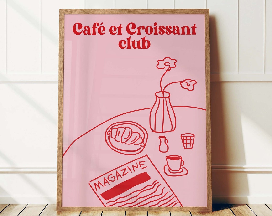 Cafe et Croissant Club Retro Breakfast Pink Kitchen Art Poster