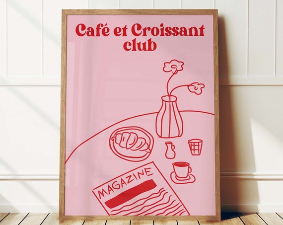 Coffee And Croissant Club Retro Food Print Breakfast Print French Croissant Poster Mid Century Modern Print Kitchen Art Typography Art