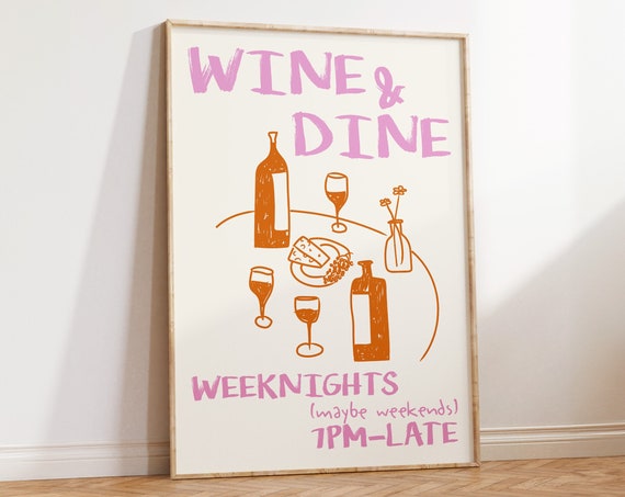 Wine Dine Club Retro Food Print, Mid-Century Decor