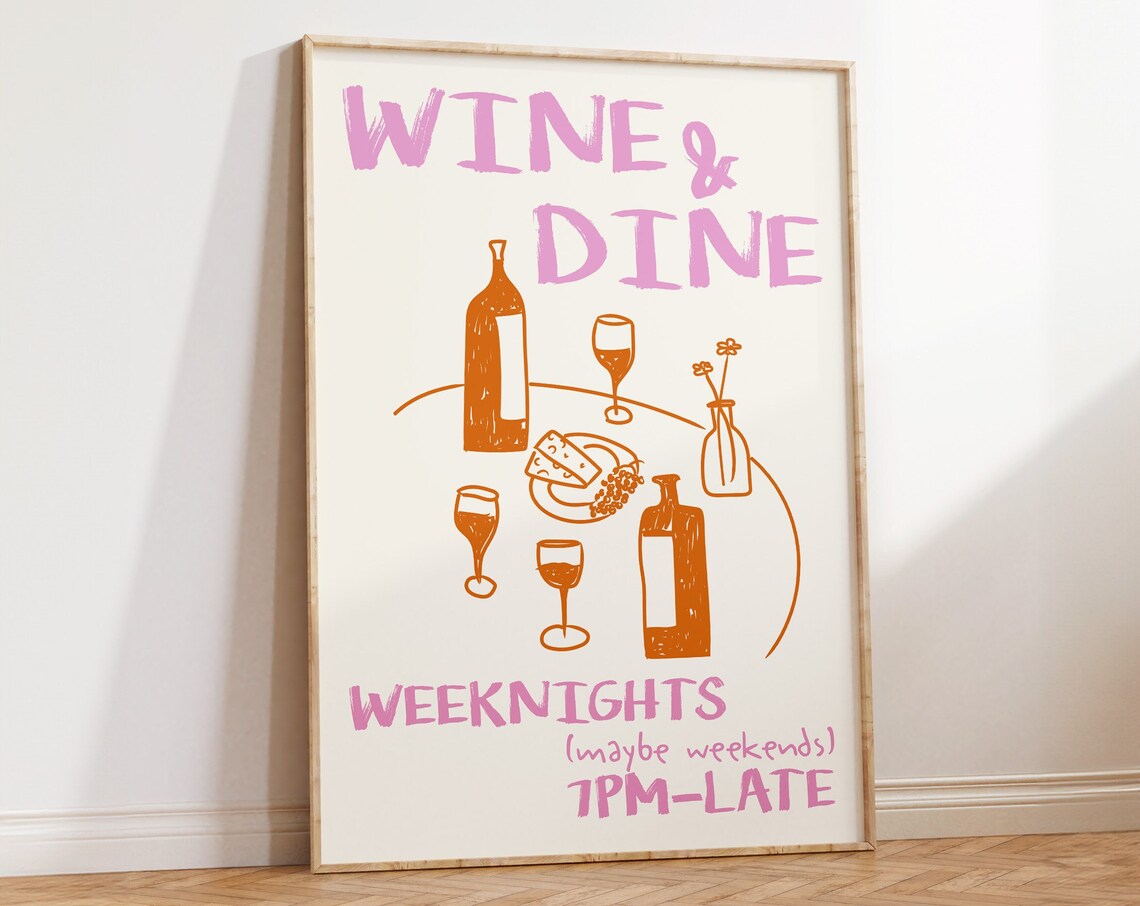 Wine Dine Club Retro Food Print, Mid-Century Decor