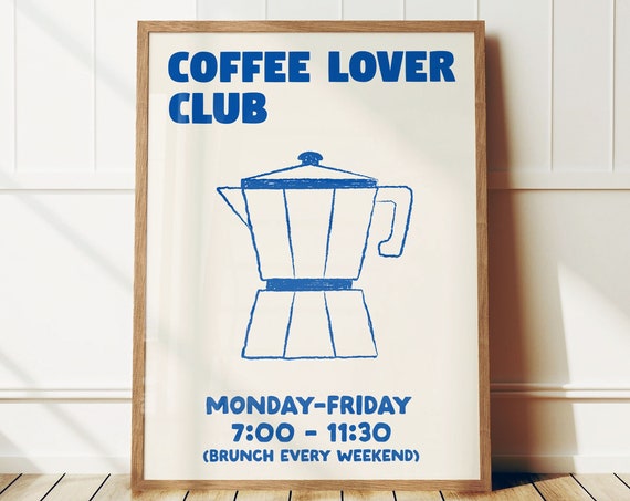 Retro Coffee Lover Club Print Maximalist Kitchen Print Moka Pot Coffee Print Mid Century Modern Print Breakfast Poster Typography Art