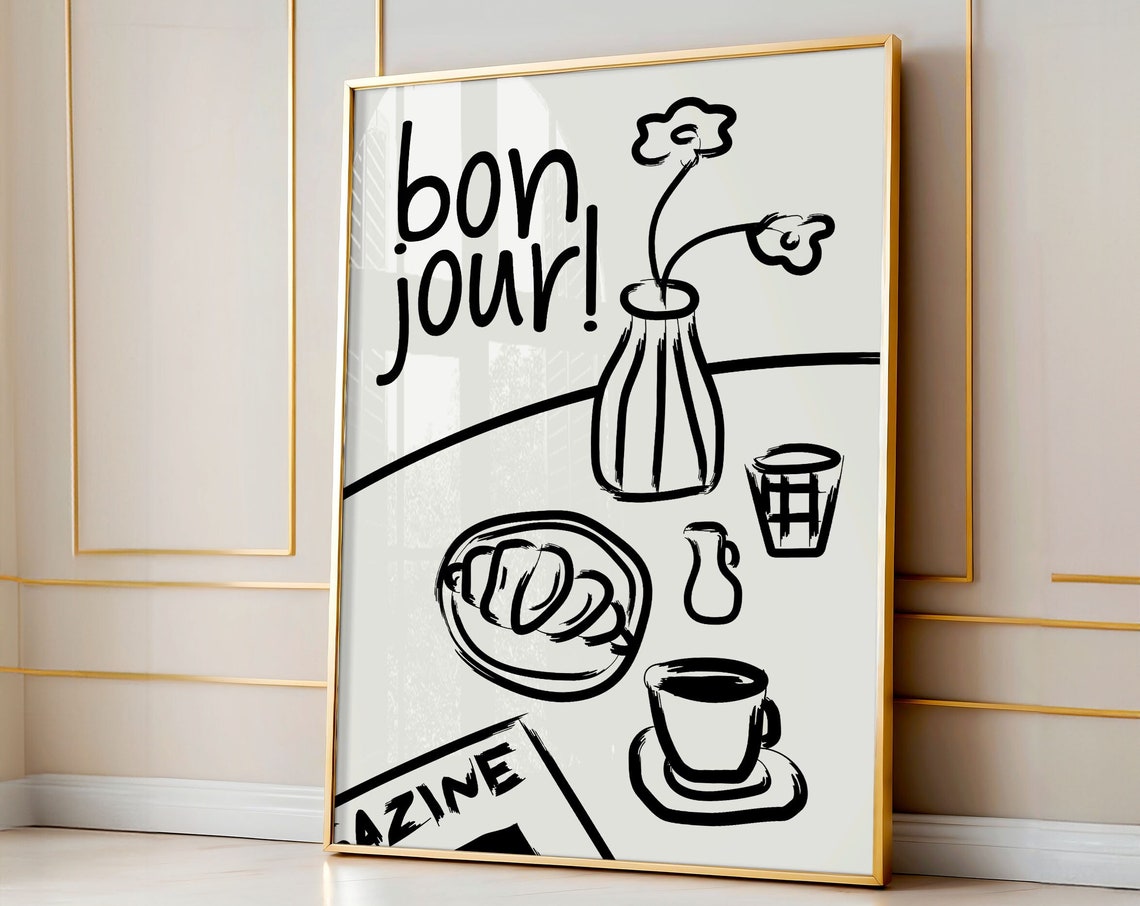 Bon Jour Bold French Breakfast Coffee Croissant Black Ink Poster