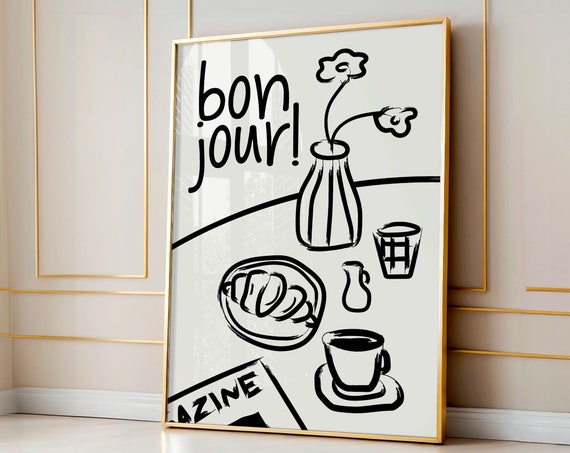 Bojour Poster French Breakfast Art Print French Coffee Poster Croissant Breakfast Print Retro Food Art Print Kitchen Gallery Wall Art