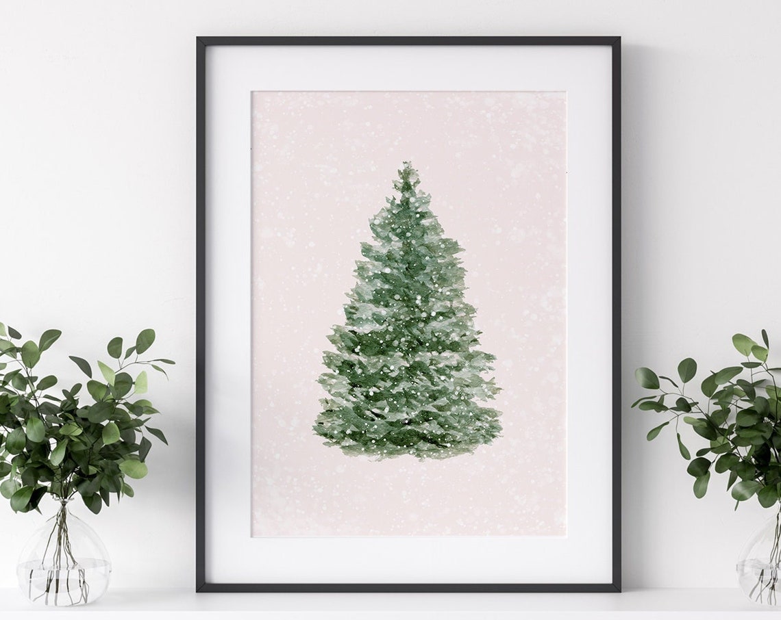 Watercolor Pine Tree Blush Pink Snow Winter Botanical Poster