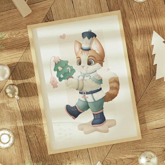 Charming Kitty Nutcracker Toy Soldier With Mini Christmas Tree Art Print