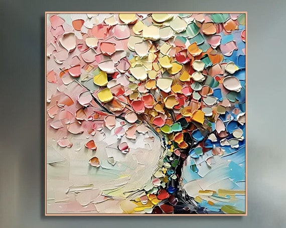 Original Square Heavy Texture High Grade Hand Painted Tree Oil Painting Living Room Dining Room Decorative Painting Porch Hanging Painting