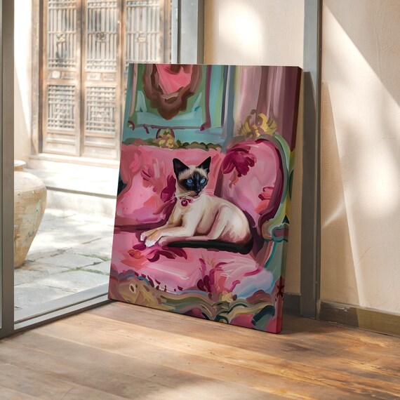 Blue Eyed Siamese Cat on a Pink Armchair Whimsical Portrait Poster