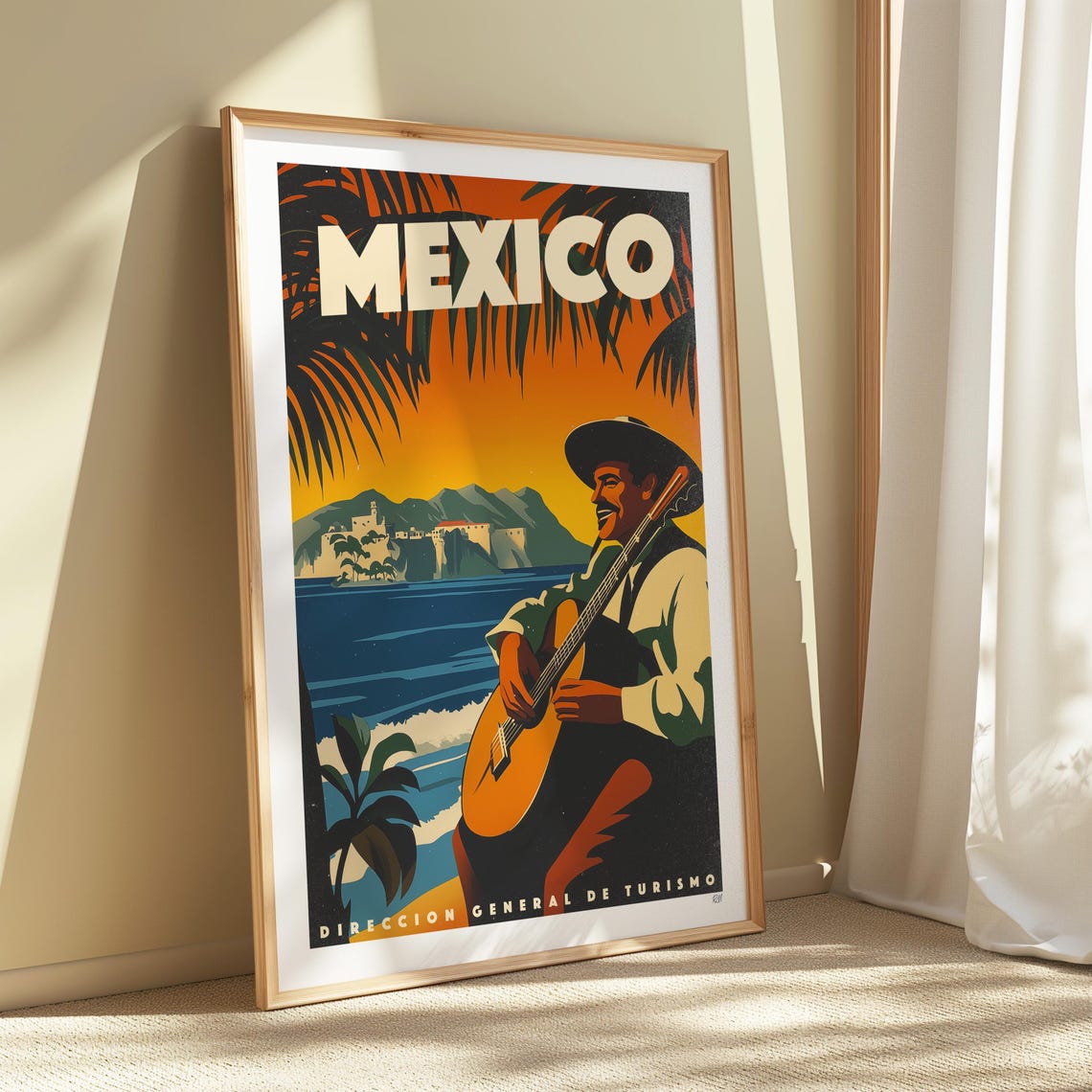 Mexico Mariachi Guitar Player Seaside Retro Tourism Artwork Poster - Image 4