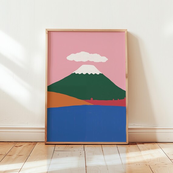 Mount Fuji Minimalist Zen Art Poster Pink Sky Snow Capped Peak Scene