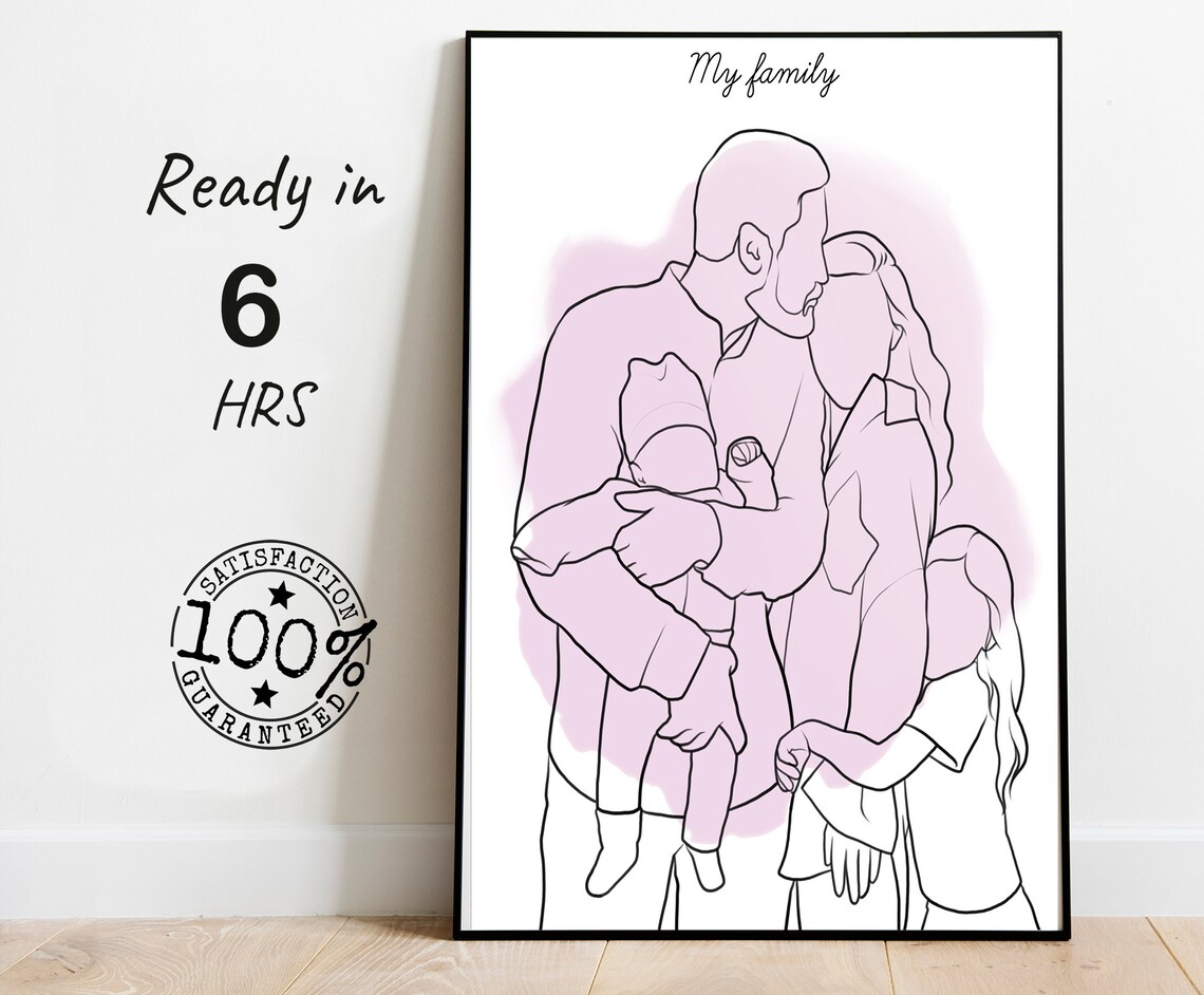Family of Four Line Art Portrait My Family Pink Watercolor Poster