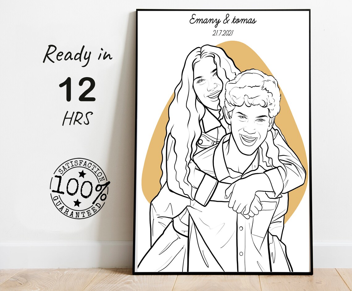 Couple Hug Custom Line Portrait Names Date Mustard Wash Poster