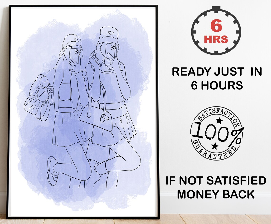 Best Friends Mirror Selfie Line Art Portrait Periwinkle Wash Poster