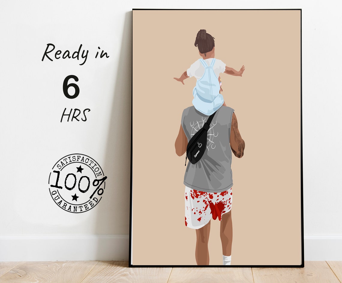 Father And Child On Shoulders Back View Colored Portrait Poster