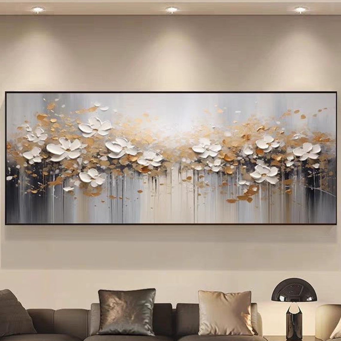 Panoramic White Blossoms with Gold Leaf Textured Floral Poster