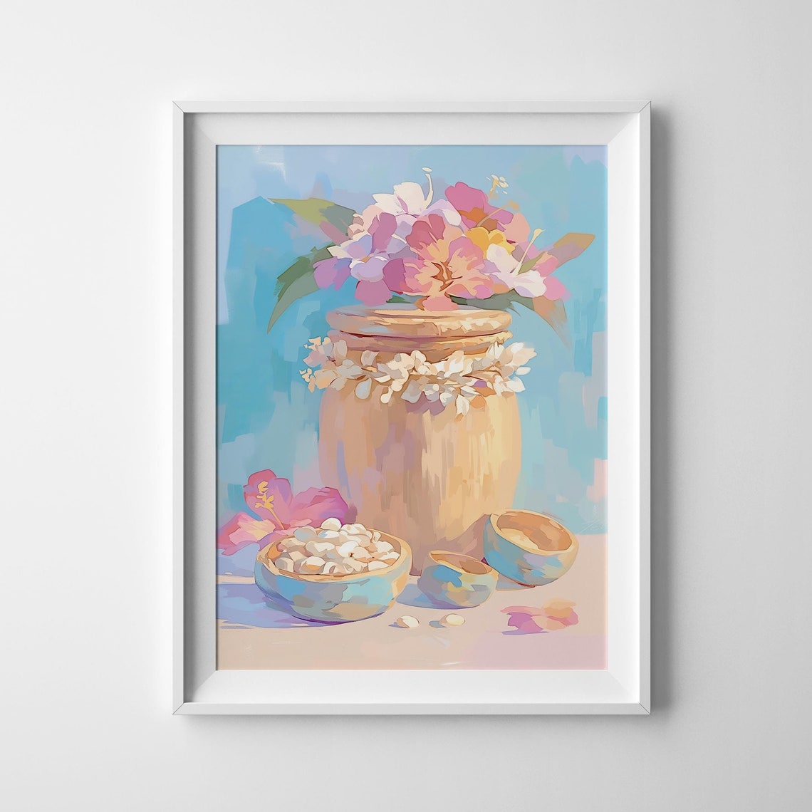 Clay Jar Pink Flowers Shell Bowls Pastel Still Life Kitchen Art Poster