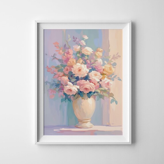 Pink Cream Roses Bouquet White Vase Soft Pastel Floral Still Life Wall Art