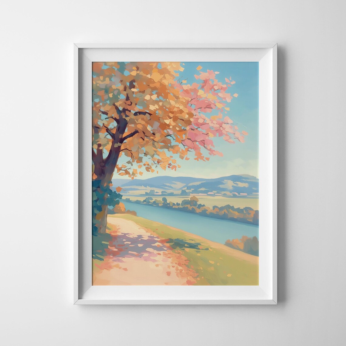 Autumn Tree Pink Orange Foliage Overlooking River Valley Blue Hills Poster