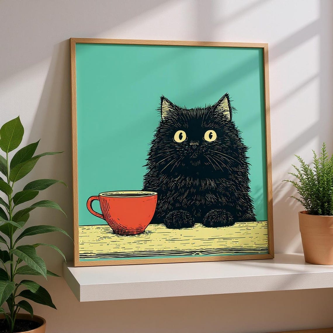 Fluffy Black Cat with Red Coffee Cup Retro Turquoise Cat Poster