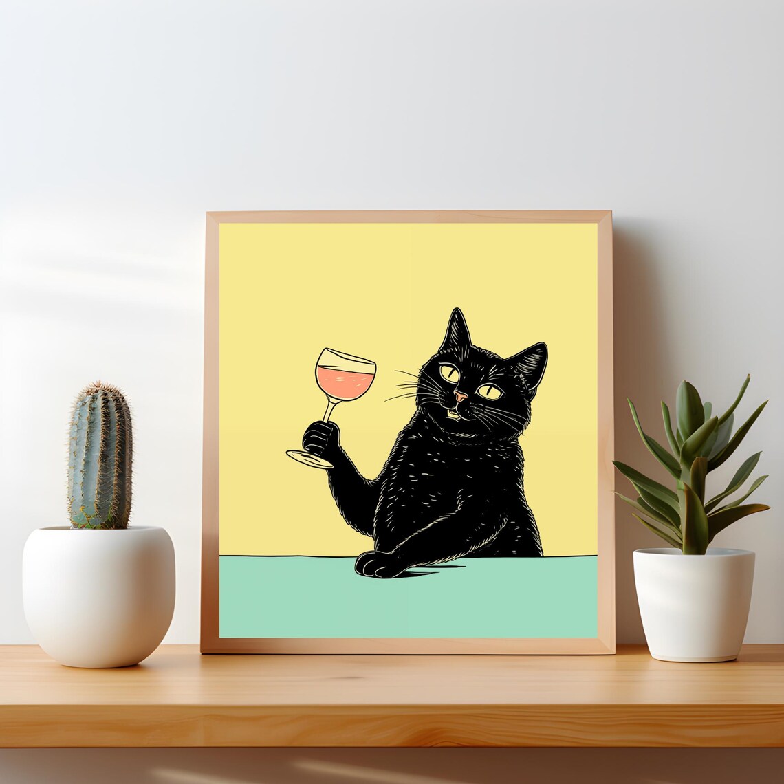 Black Cat Drinking Wine Poster Quirky Art For Bar Decor Print Funny Yellow Wall Gift Lovers