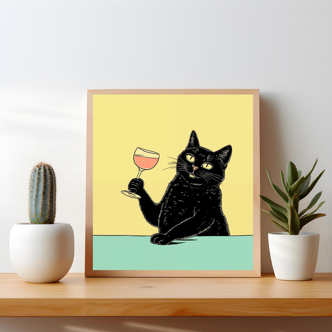 Black Cat Holding Wine Glass Pop Art Illustration Funny Poster
