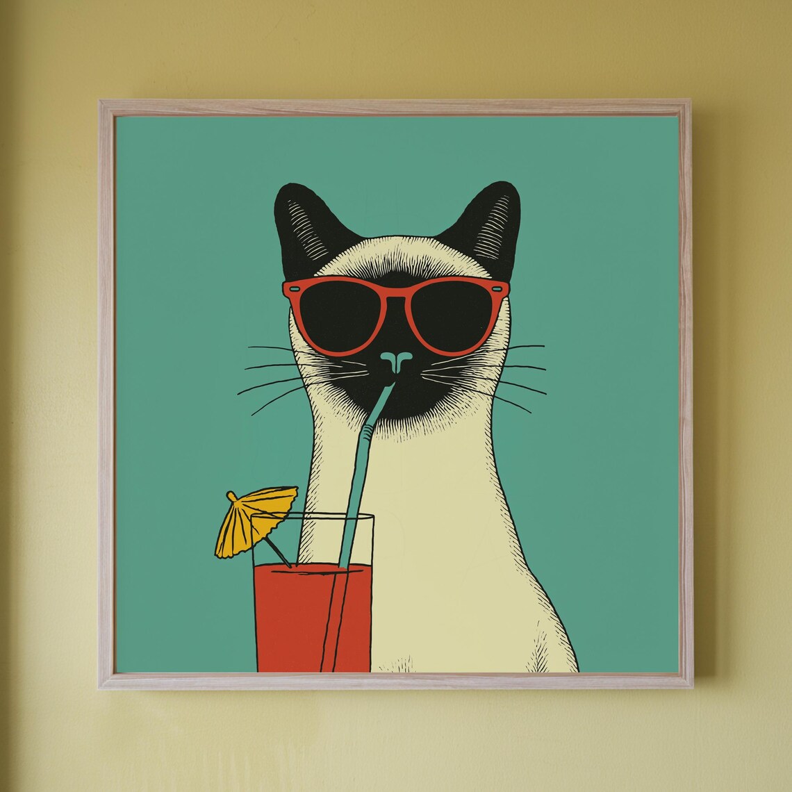Siamese Cat With Red Sunglasses Sipping Cocktail Retro Poster
