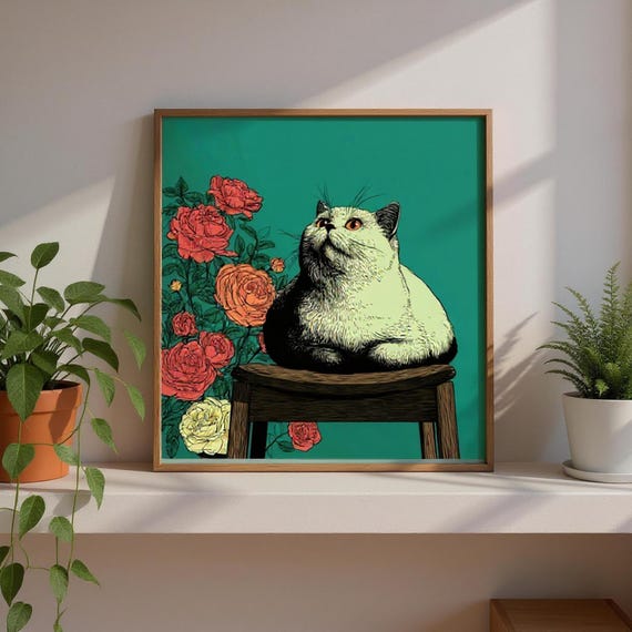 British Shorthair Cat Wall Art Retro Floral Poster Colorful Vintage Animal Illustration Bright Unique Home Decor Gift