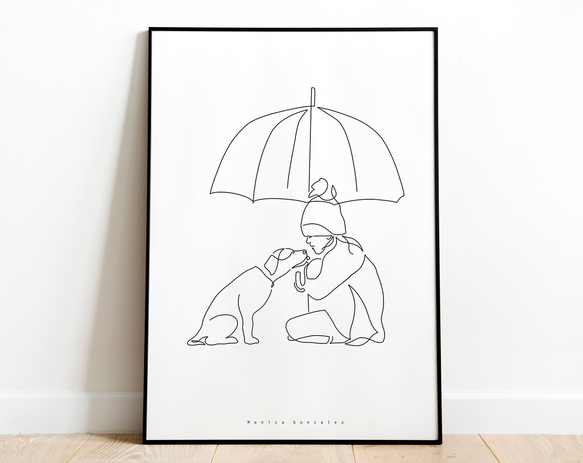 Person With Umbrella Kissing Dog Bird Line Art Pet Lover Poster