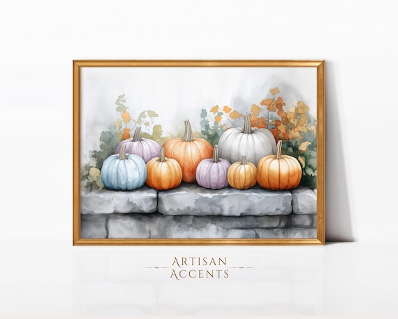 Pastel Pumpkins Stone Wall Fall Leaves Watercolor Autumn Oil Painting Poster