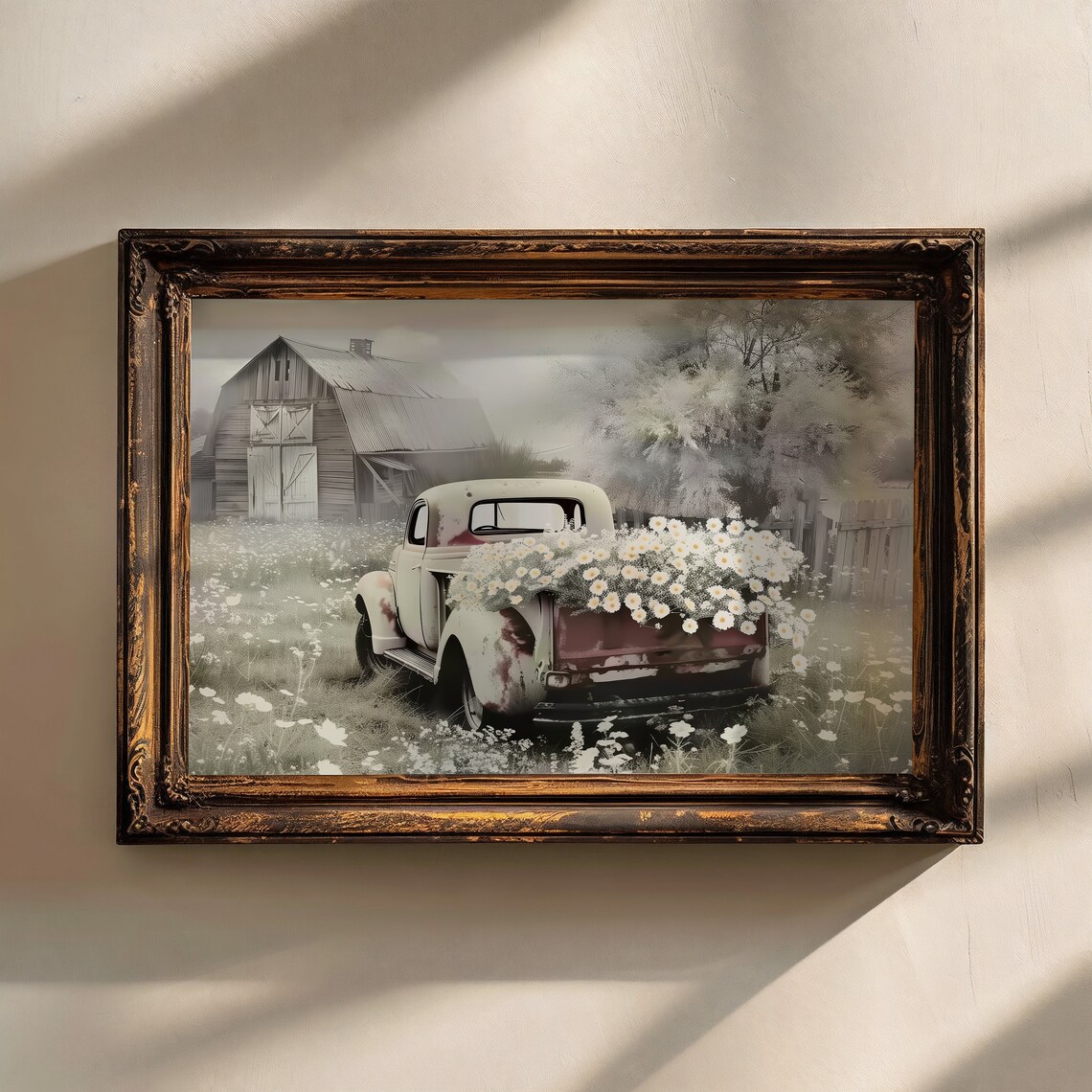 Vintage Truck With Daisies By Rustic Barn Farmhouse Art Print - Image 3