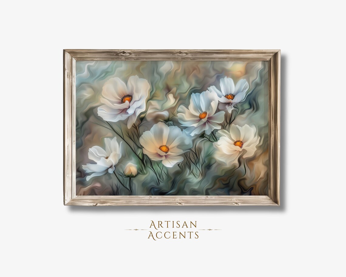 White Cosmos Flowers Abstract Floral Oil Painting Botanical Wall Art