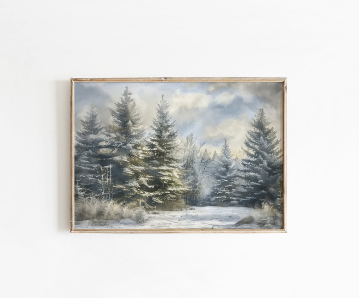 Snowy Pine Forest Winter Landscape Vintage Oil Painting Wall Art - Image 5