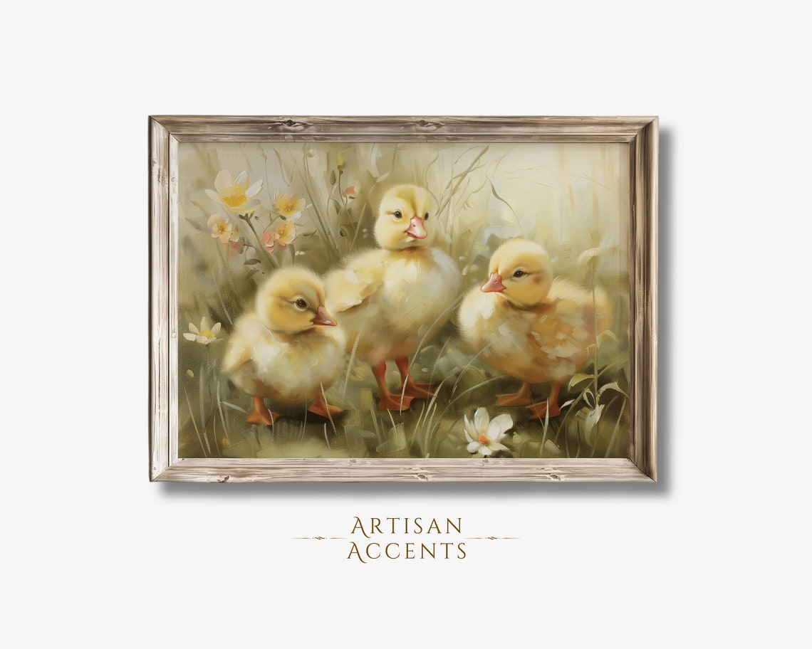 Baby Ducks In Spring Meadow Flowers Yellow Ducklings Nursery Art Print