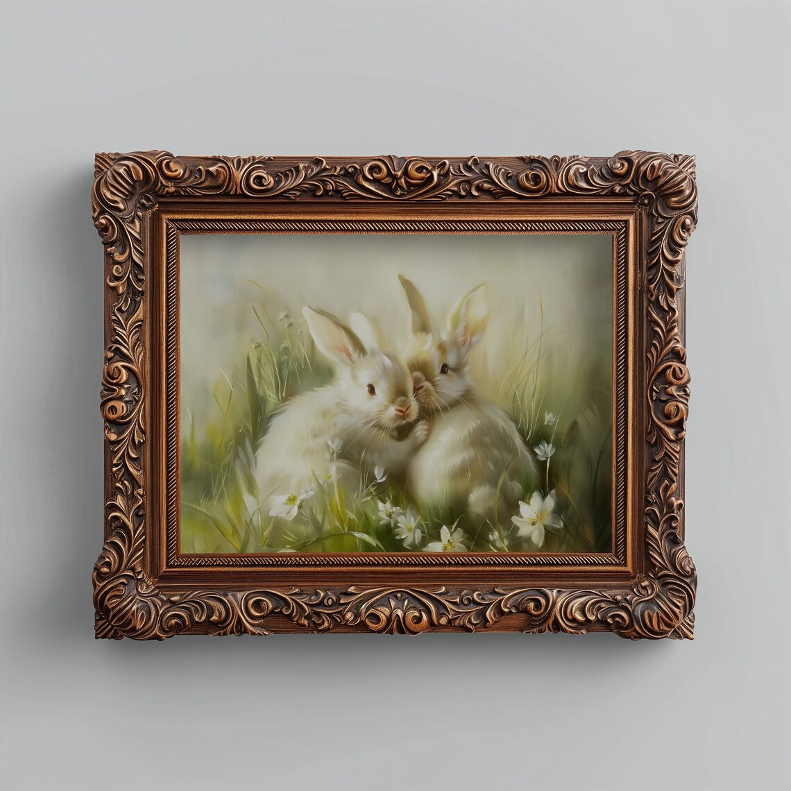 Two Bunnies Cuddling In Wildflower Meadow Sweet Spring Painting Print - Image 4