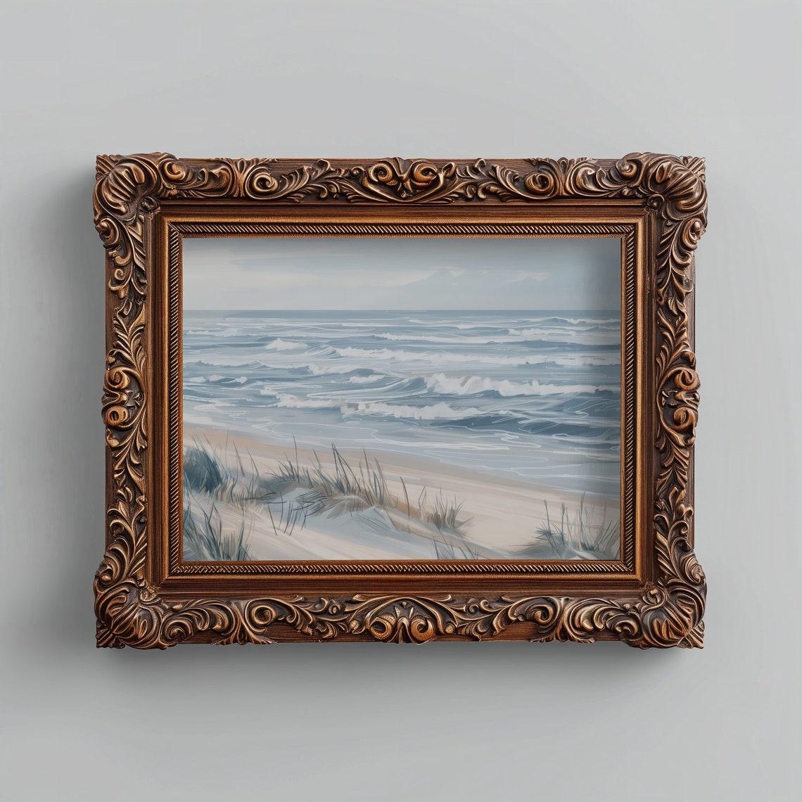 Ocean Waves Rolling Over Sandy Beach Dunes Coastal Painting Print - Image 5