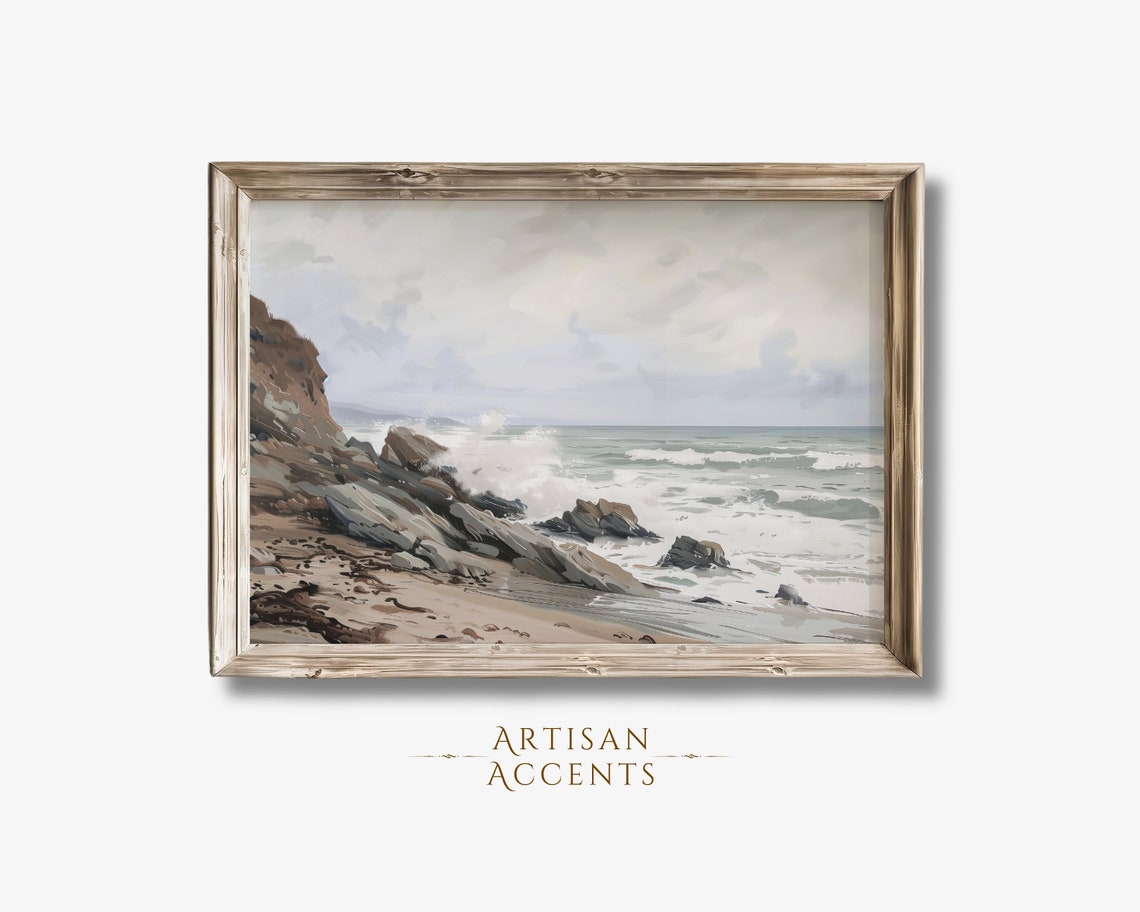 Rocky Shoreline Waves Breaking Moody Gray Coastal Painting Print