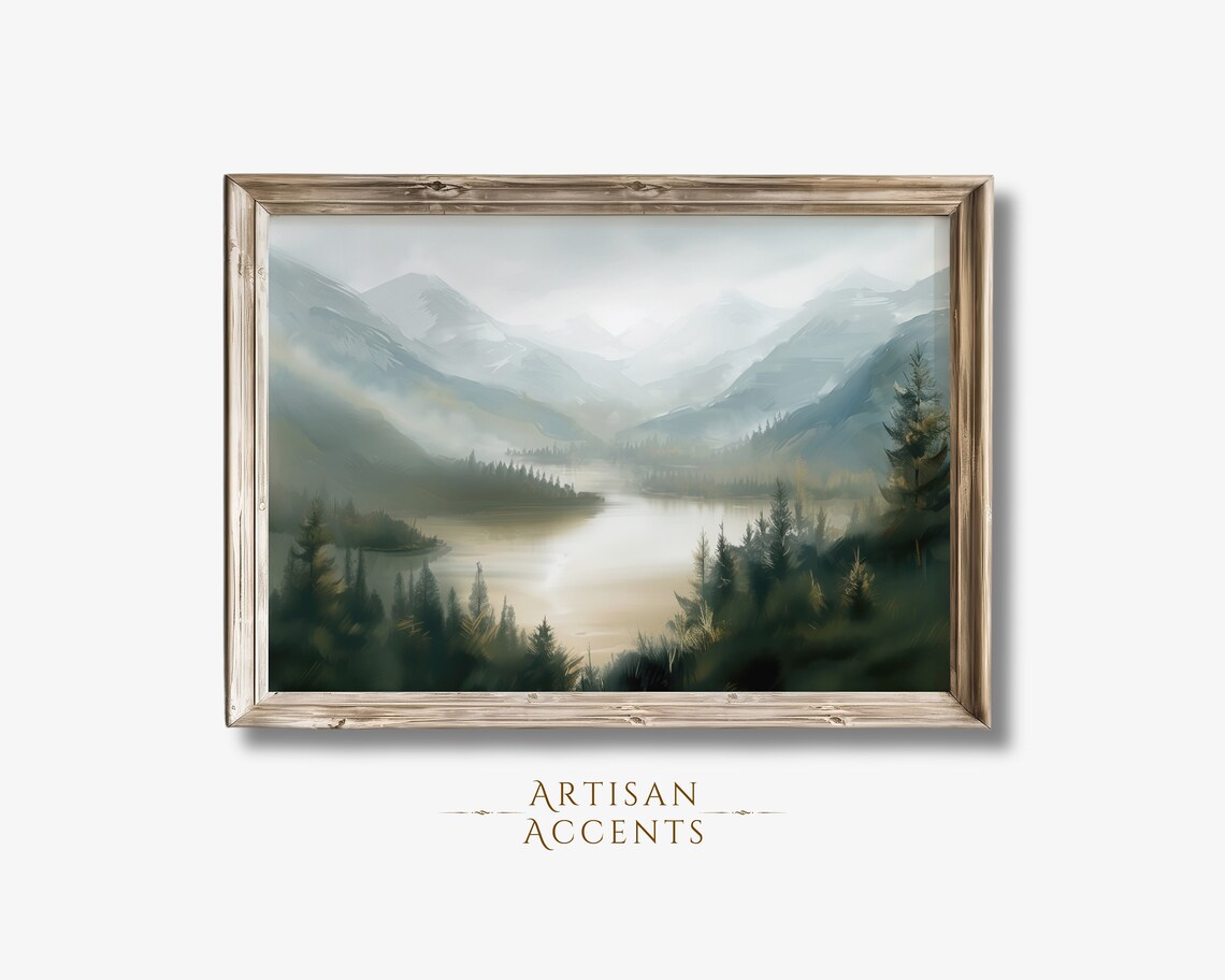 Misty Mountain Lake Evergreen Forest Soft Green Landscape Poster