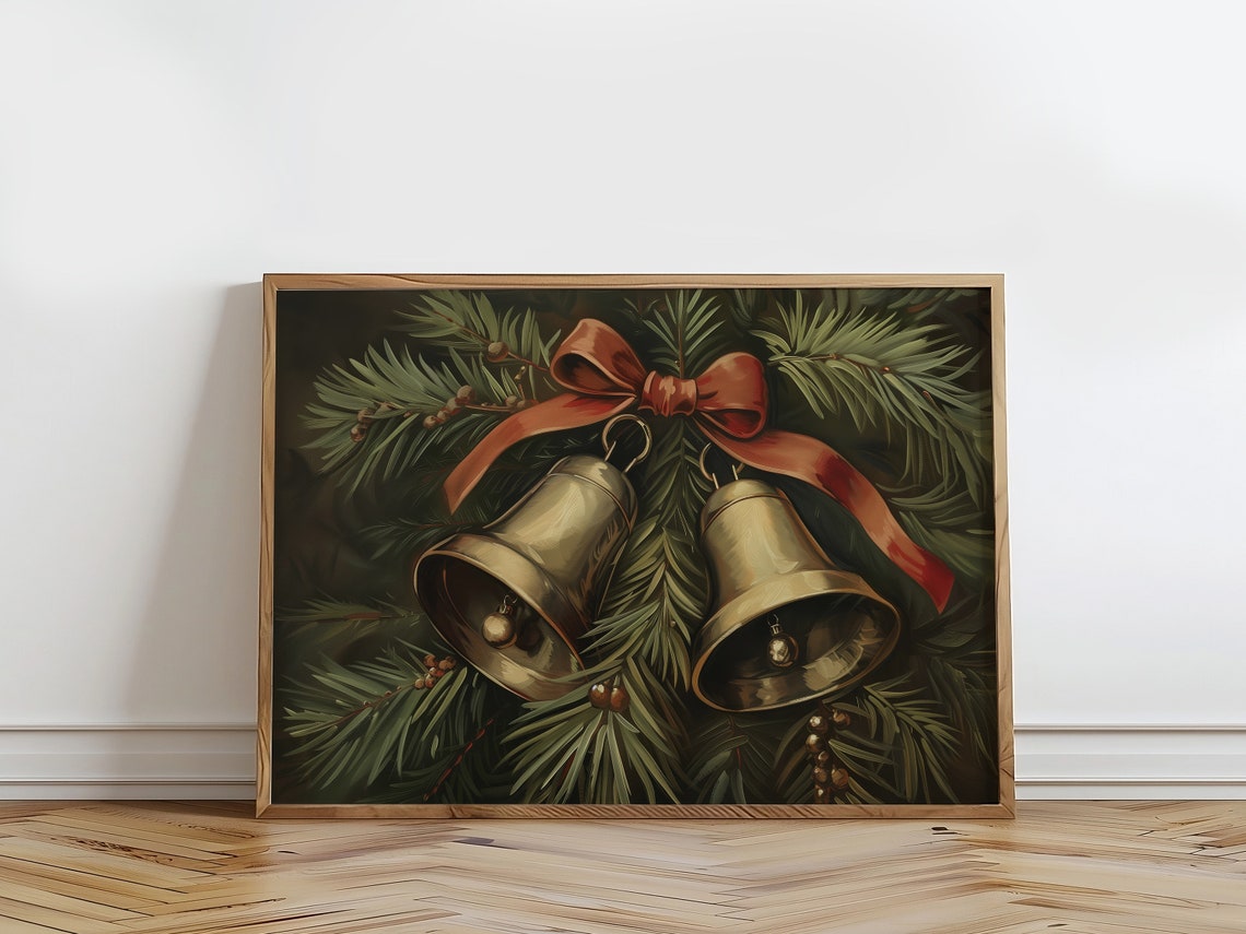 Golden Christmas Bells With Red Bow Pine Vintage Holiday Art Print - Image 4