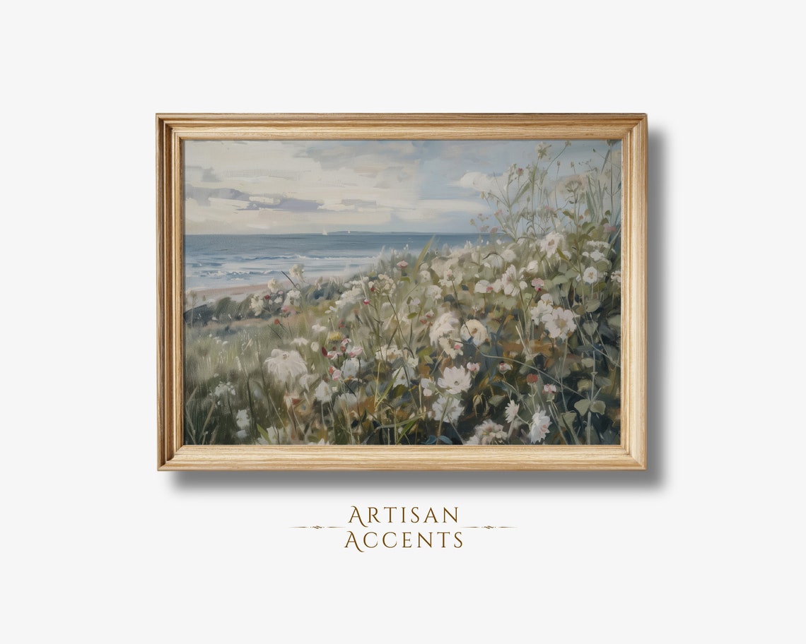 Coastal Wildflower Meadow Ocean Beach View Soft Blue Landscape Poster