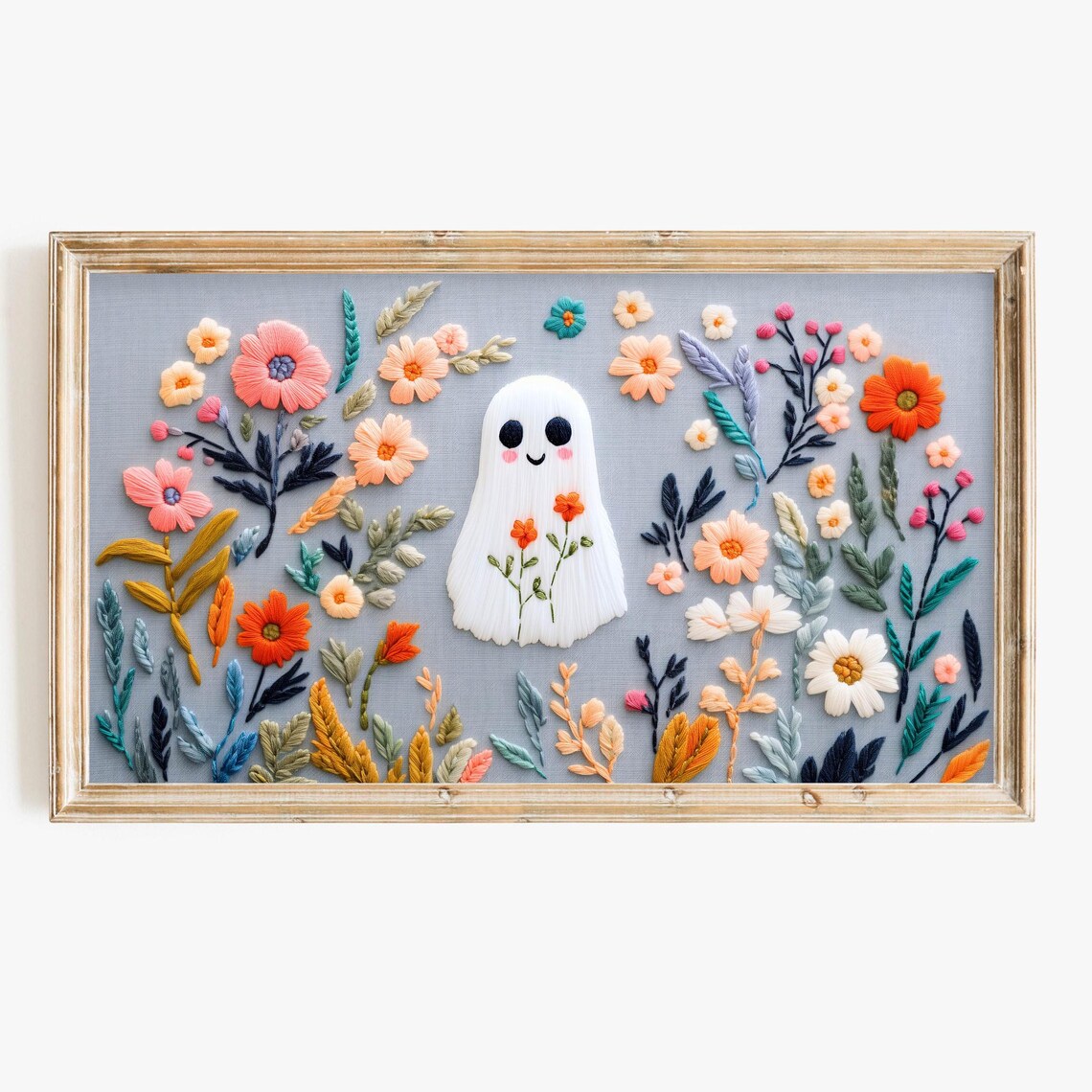 Cute Halloween Ghost Wildflower Embroidery Art Print