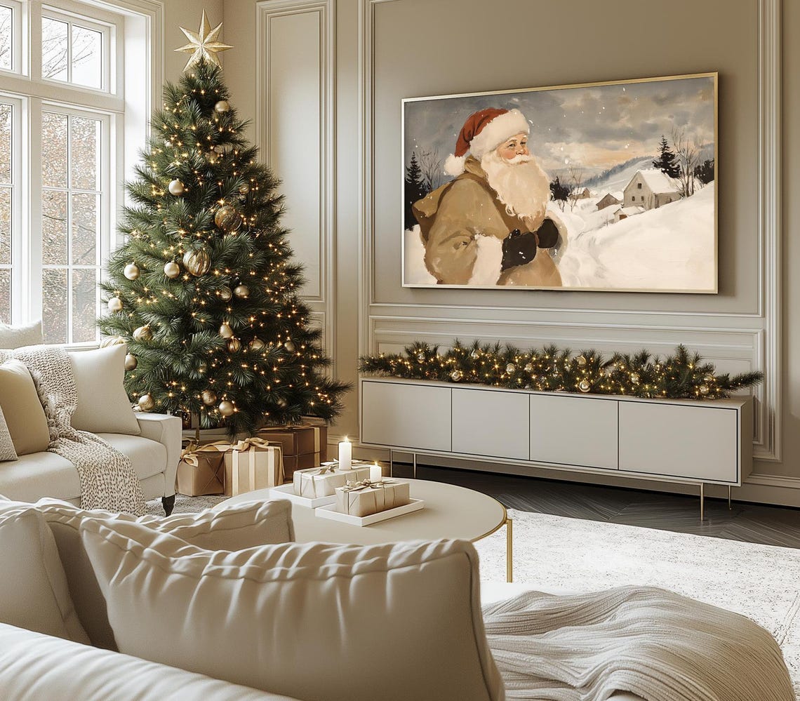Vintage Saint Nick Santa Portrait Snowy Village Neutral Tones Poster - Image 2